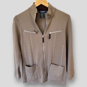 Clorinda Cardigan Sweater Size Medium Taupe Brown Full Zip with Pockets